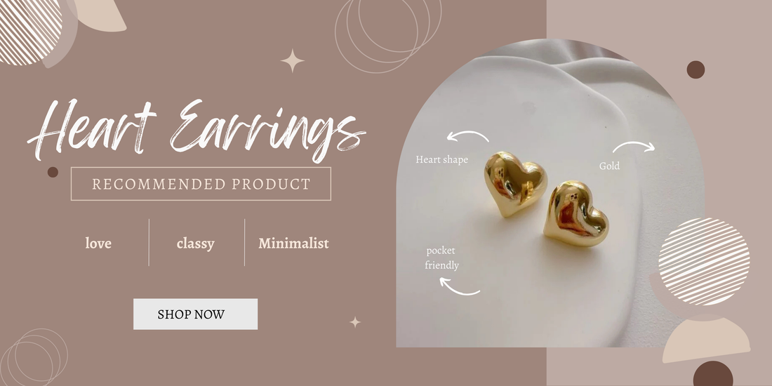 Gold heart-shaped stud earrings on a white plate, minimalist and classy design.