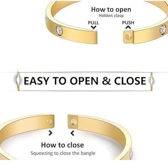 Gold bangle with instructions on how to open, close, and a hidden clasp.