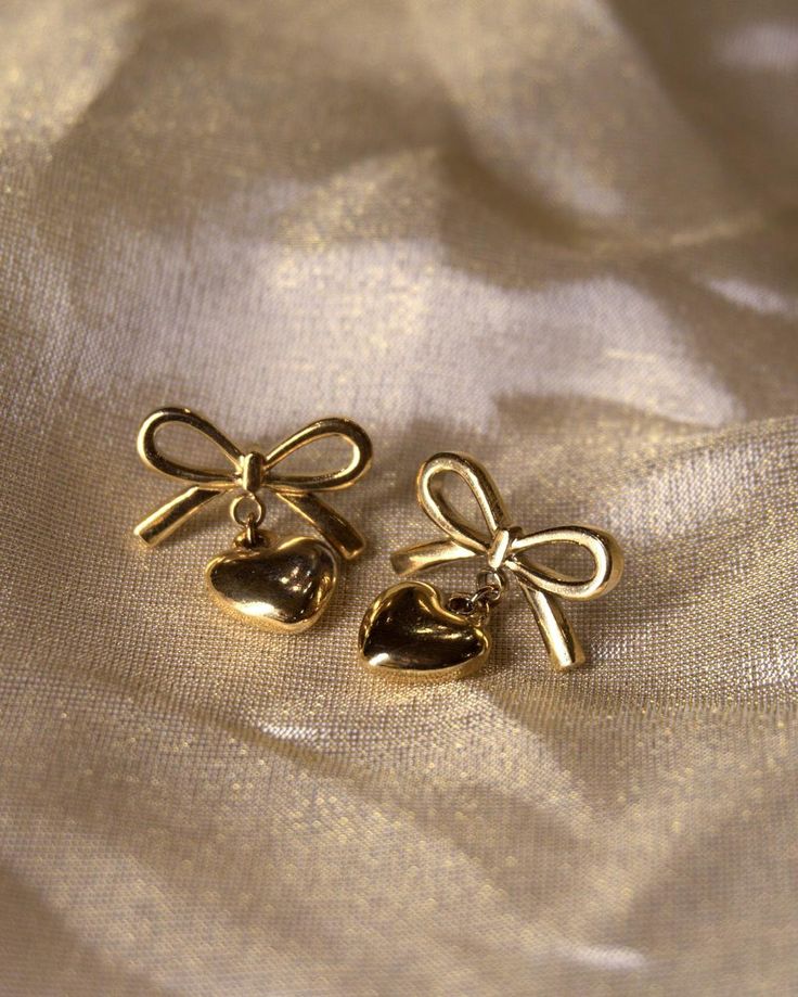 Gold Bow & Heart Drop Earrings