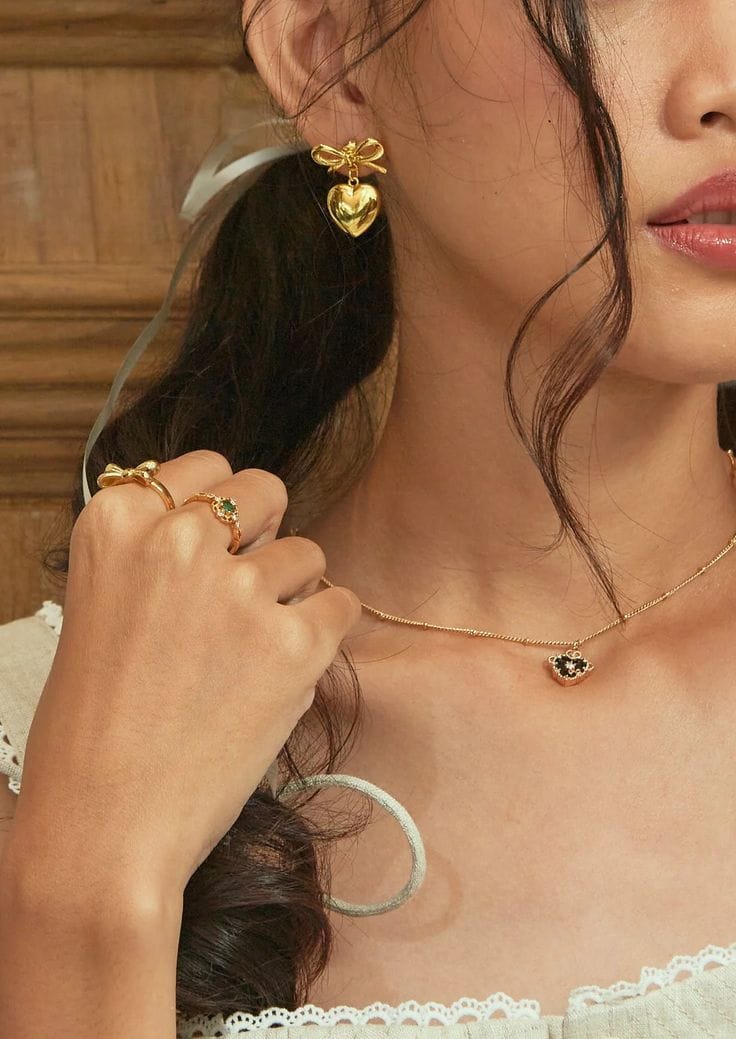 Gold Bow & Heart Drop Earrings