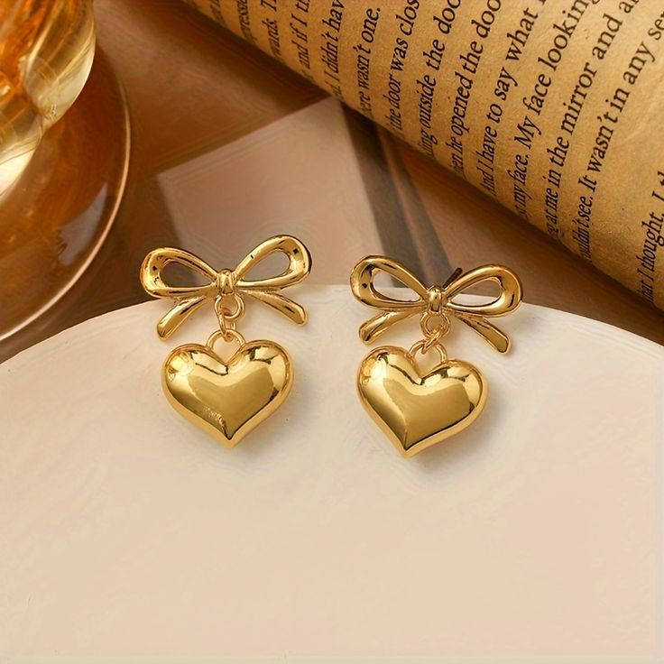 Gold Bow & Heart Drop Earrings