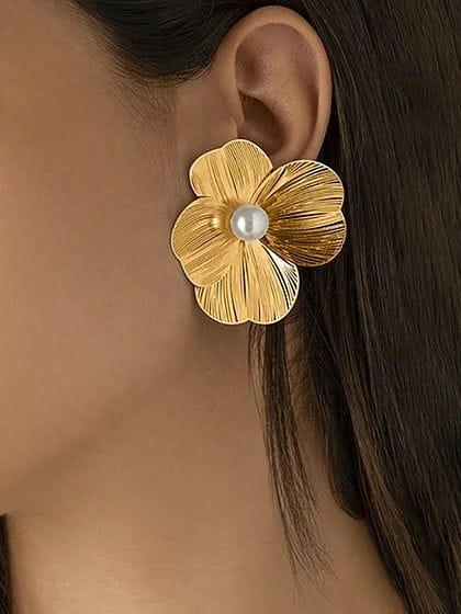 Gold Floral Pearl Stud Earrings
