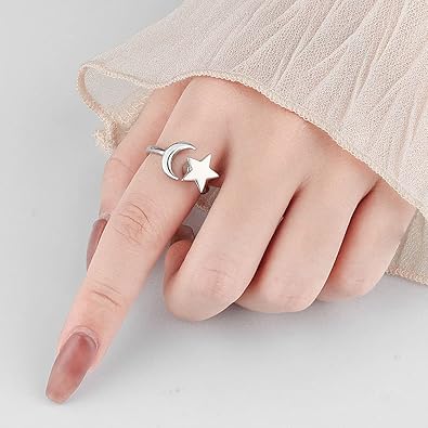 Moon Star Spinner Ring – S925 Sterling Silver Adjustable Fidget Ring for Women