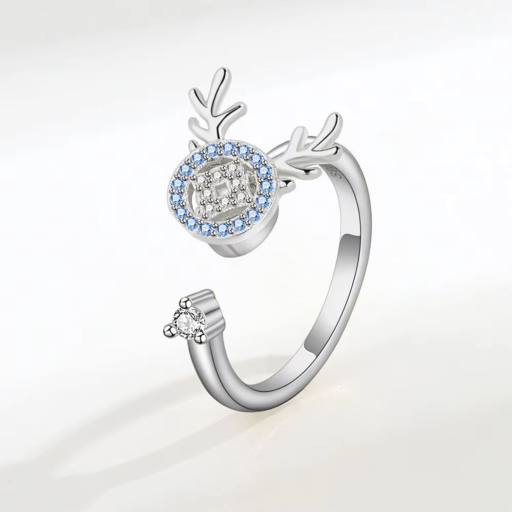 S925 Sterling Silver Reindeer Fidget Ring – Adjustable Anxiety Relief Spinner Ring for Women & Girls