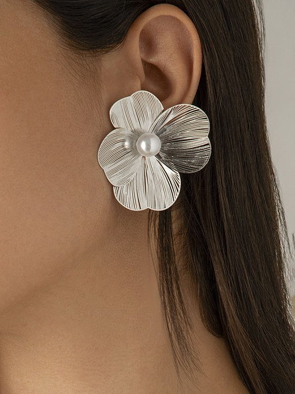 Silver Floral Pearl Stud Earrings