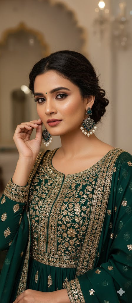 Jhumka Earrings with Green Stone Detailing & Pearl Drops