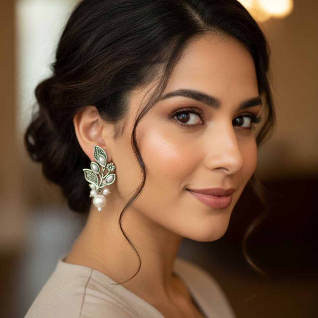 Woman wearing elegant earrings with a blurred background