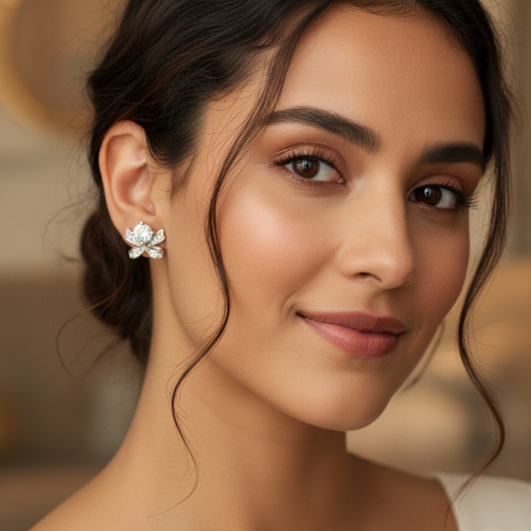 Close-up of a woman wearing a floral earring with a blurred background