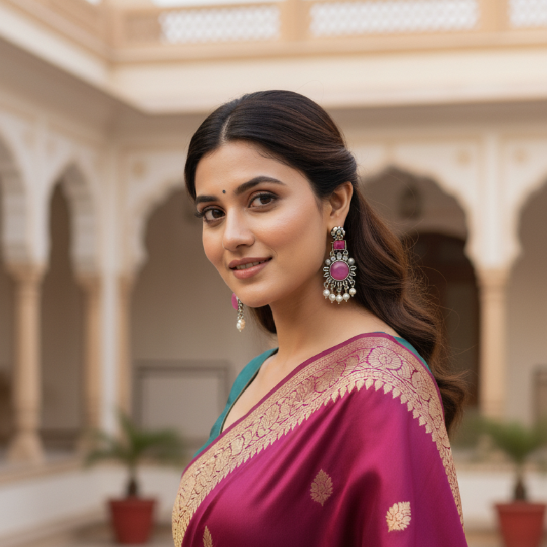 Woman in a traditional pink saree with gold patterns in an architectural setting