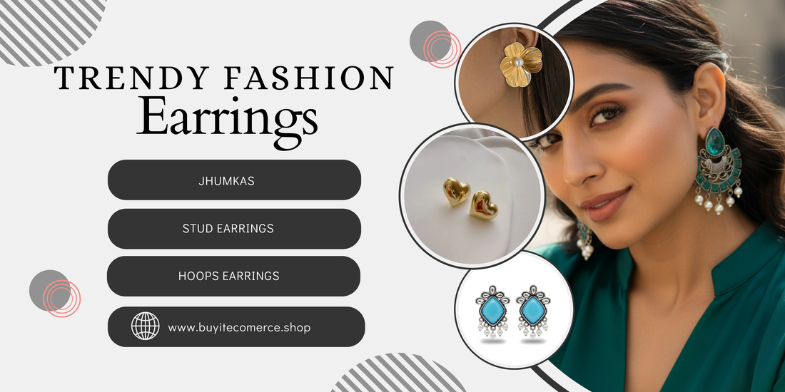 Trendy fashion earrings banner featuring various earring styles like jhumkas, studs, and hoops with a model wearing statement earrings .