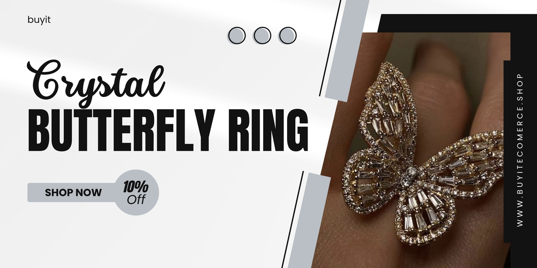 Banner showing a crystal butterfly ring on a finger with "10% Off" and "Shop Now" text.