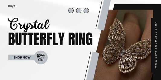 Banner showing a crystal butterfly ring on a finger with "10% Off" and "Shop Now" text.