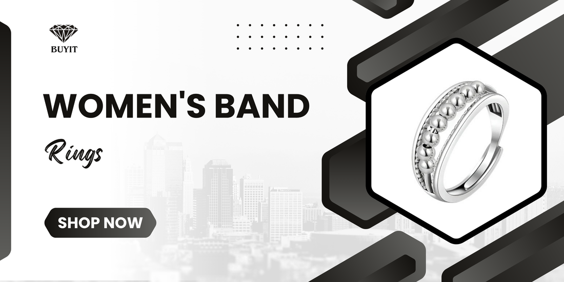women's band rings by BUYIT, featuring a silver beaded ring design with the text 'Women's Band Rings' and a 'Shop Now' button.