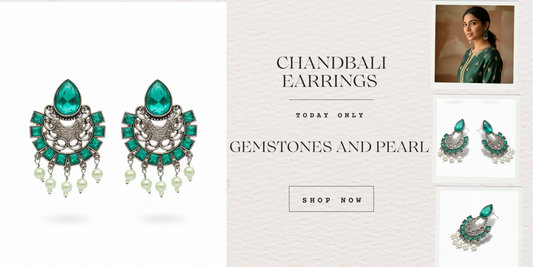 Chandbali Earrings With Emerald Green Gemstones and Pearl Droplets