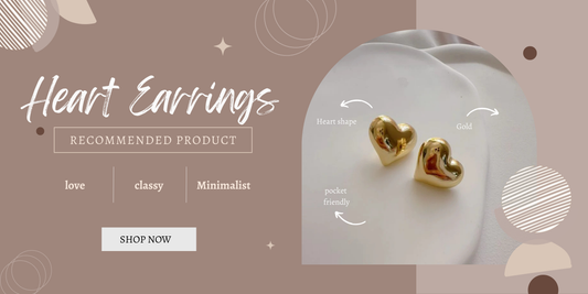 Gold heart-shaped stud earrings on a white plate, minimalist and classy design.