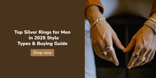Close-up of a man's hands wearing stylish silver rings and bracelets, showcasing trendy men's jewelry styles for 2025. Text overlay reads: "Top Silver Rings for Men in 2025 Style – Types & Buying Guide. Shop now."