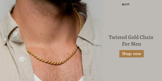 Close-up of a man wearing a twisted gold chain necklace with an open beige shirt, next to text that says "Twisted Gold Chain For Men" and a "Shop now" button from BUYIT.