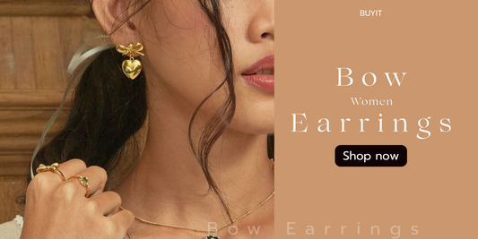 Close-up of a woman wearing gold bow earrings with heart-shaped pendants, along with matching gold rings and necklace, next to text that says "Bow Women Earrings" and a "Shop now" button from BUYIT.