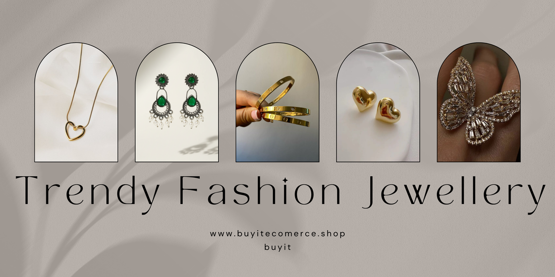 Trendy fashion jewellery banner showing gold necklace, earrings, bangles, heart-shaped studs, and butterfly ring.