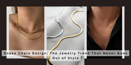 A banner with three images of gold and silver snake chain necklaces, overlaidSnake Chain Design: The Jewelry Trend That Never Goes Out of Style.