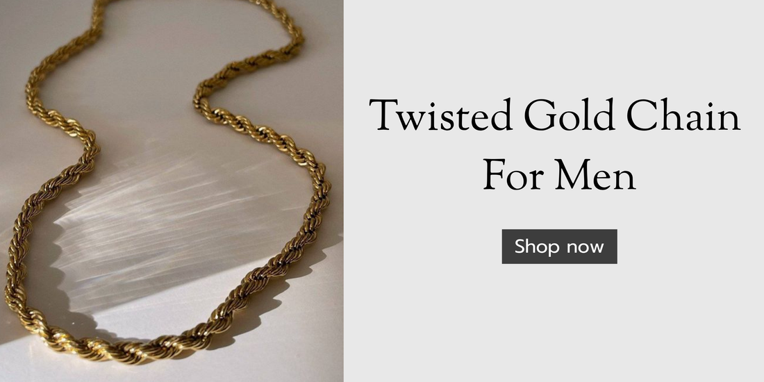 Twisted gold rope chain necklace for men displayed on a light surface with soft shadows, next to text that reads ‘Twisted Gold Chain For Men
