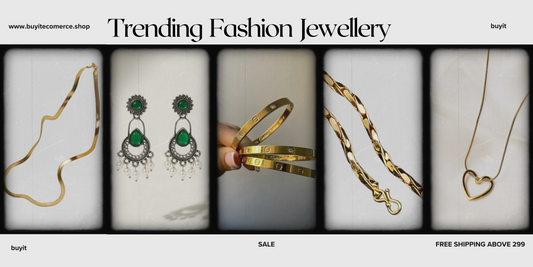 Banner showing five pieces of trendy fashion jewellery: a wavy gold chain, green stone earrings with pearls, gold bangles with engraved details, a thick gold necklace, and a gold heart pendant.