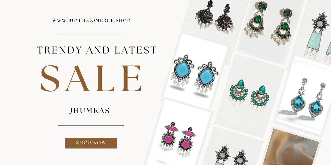 Trendy and latest jhumkas sale banner featuring elegant traditional earrings in turquoise, pink, and silver tones