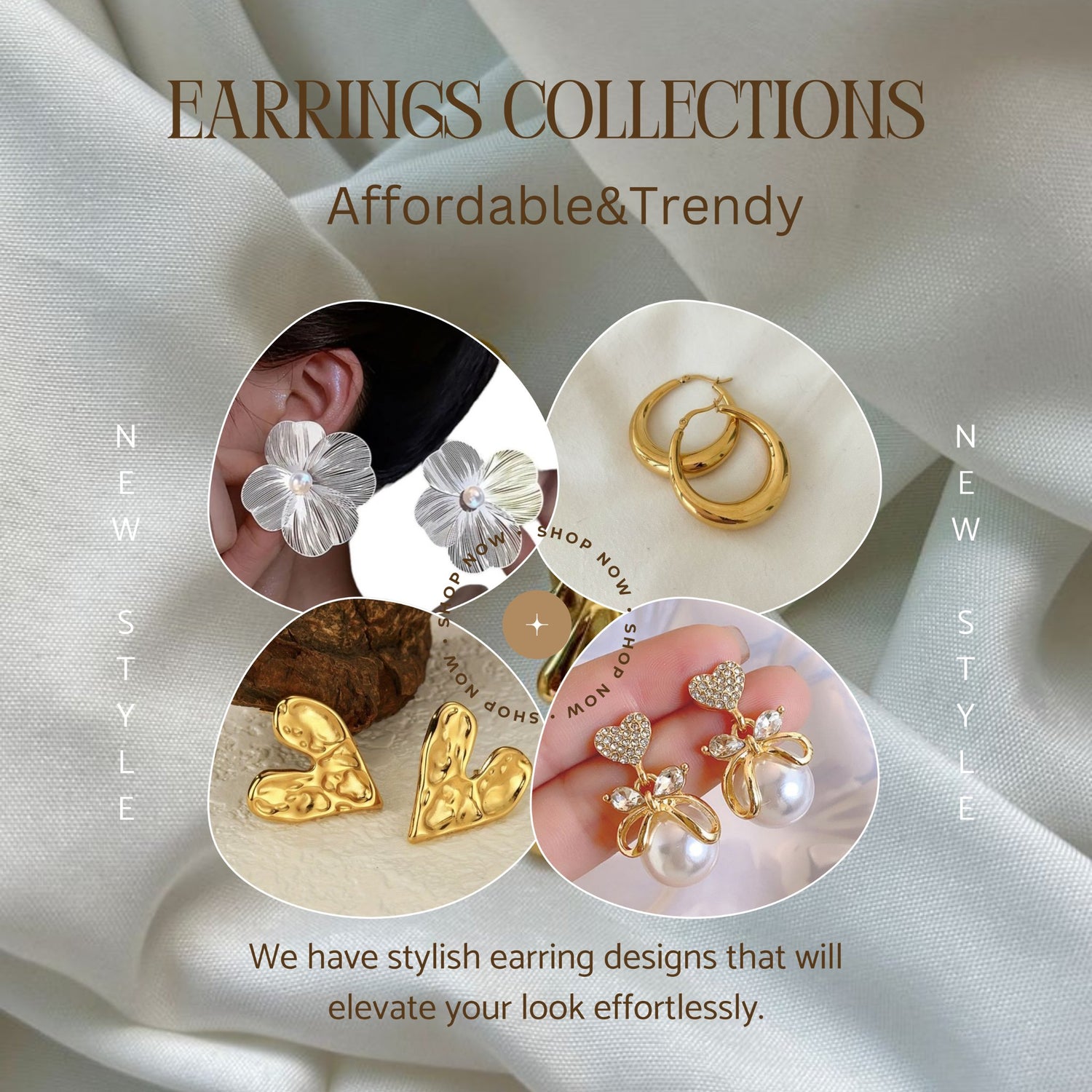 "EARINGS COLLECTIONS" featuring "Affordable & Trendy" designs. It displays four different earring styles: a pair of  flower studs,  gold hoop earrings, gold heart-shaped studs, and pearl drop earrings with bow accents.
