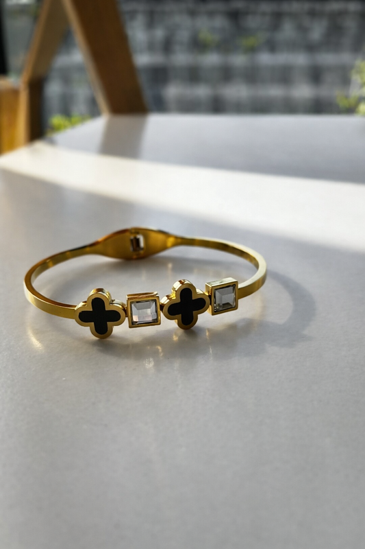 Gold Clover Bracelet with Crystal Stones for Women