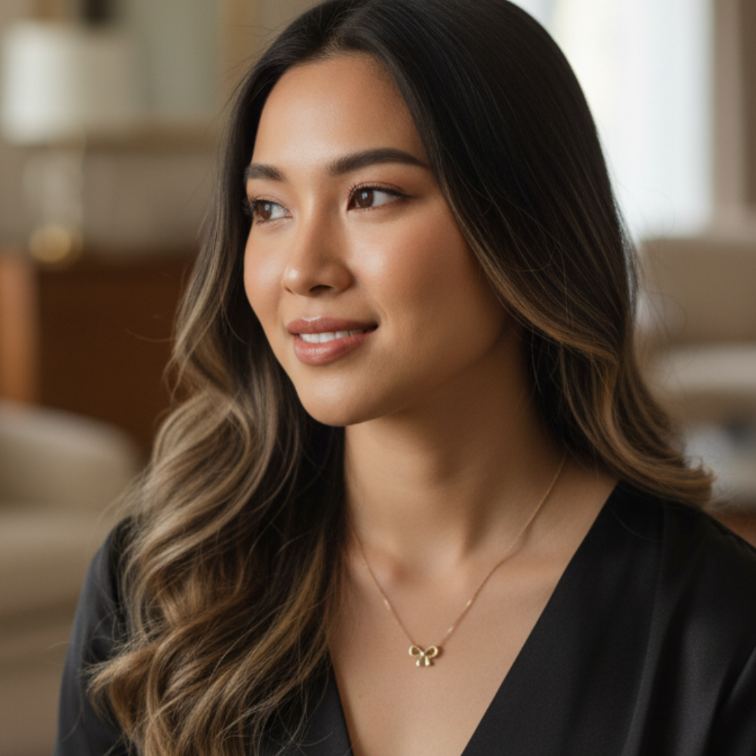 Woman wearing a black top and gold necklace in a blurred indoor setting