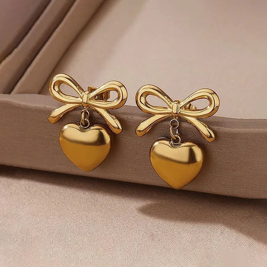 Gold Bow & Heart Drop Earrings