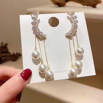 Pearl Drop Earrings with Crystal Flower Design
