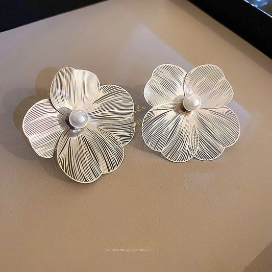 Silver Floral Pearl Stud Earrings