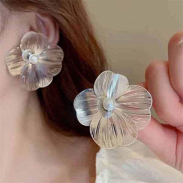 Silver Floral Pearl Stud Earrings