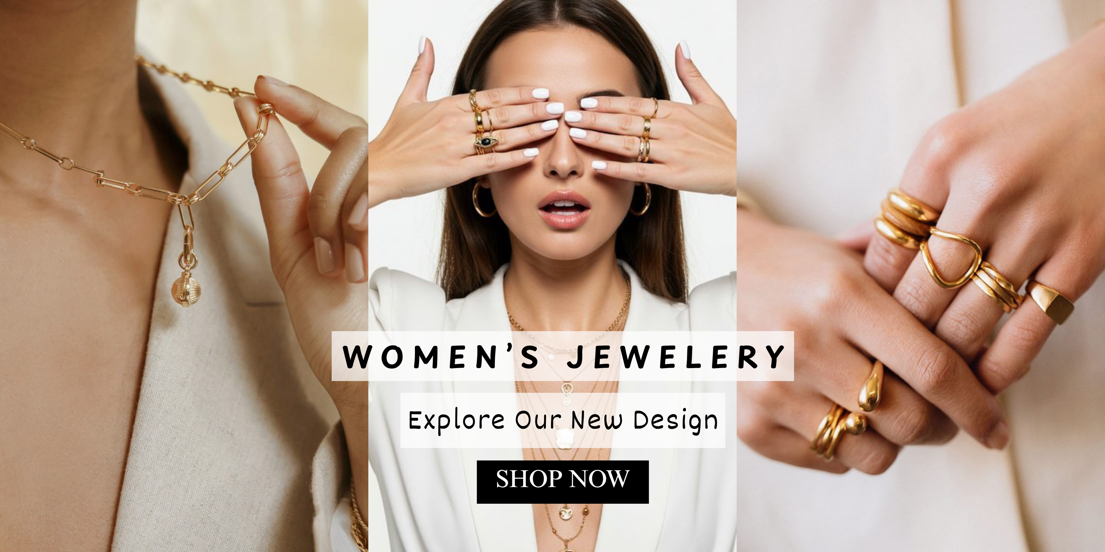 Promotional image of women's jewelry with a woman covering her eyes, surrounded by gold jewelry.