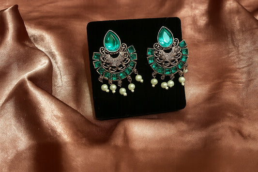 Chandbali Earrings Emerald Green Gemstones and Pearl Droplets