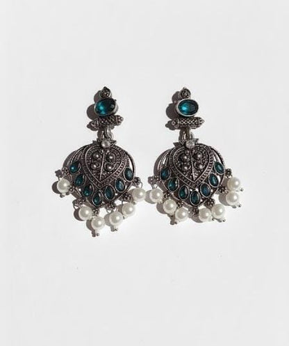 Jhumka Earrings with Green Stone Detailing & Pearl Drops