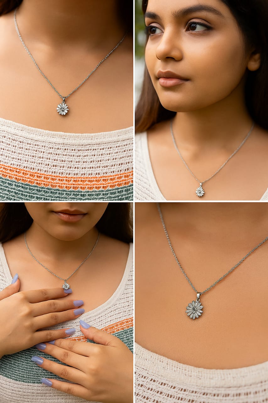 Collage of a woman wearing a silver necklace with a floral pendant in various poses.