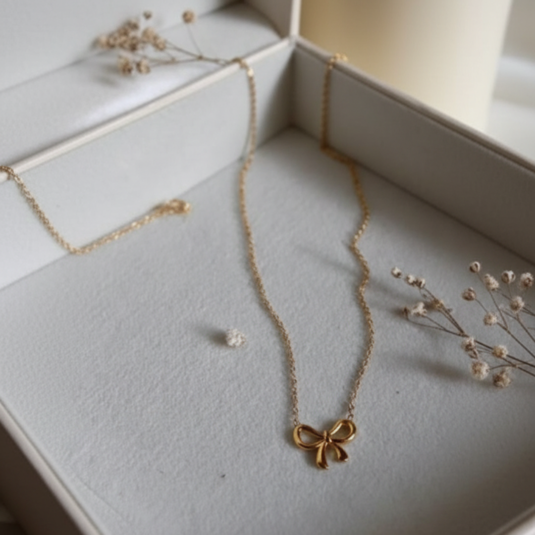 Gold necklace with a bow pendant on a light surface with dried flowers.