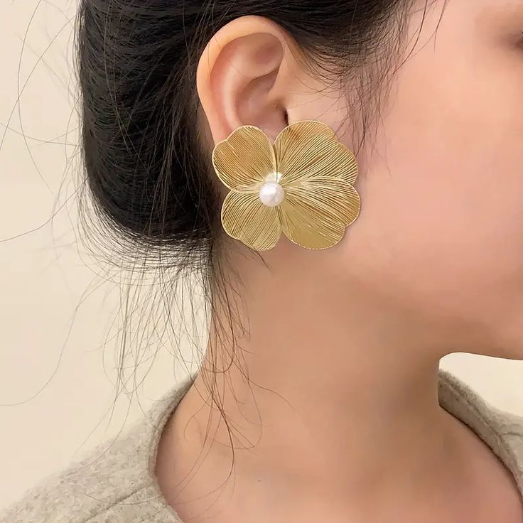 Gold Floral Pearl Stud Earrings
