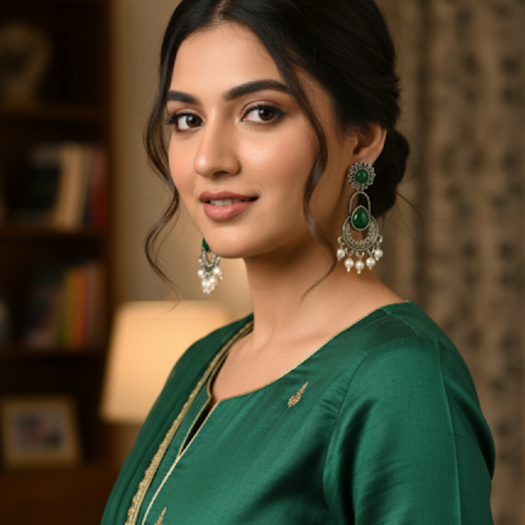 Woman wearing green traditional attire with earrings in a warm indoor setting