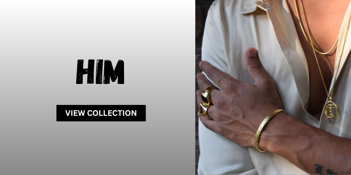 Person wearing gold jewelry with 'HIM' branding and call to action text on a white background