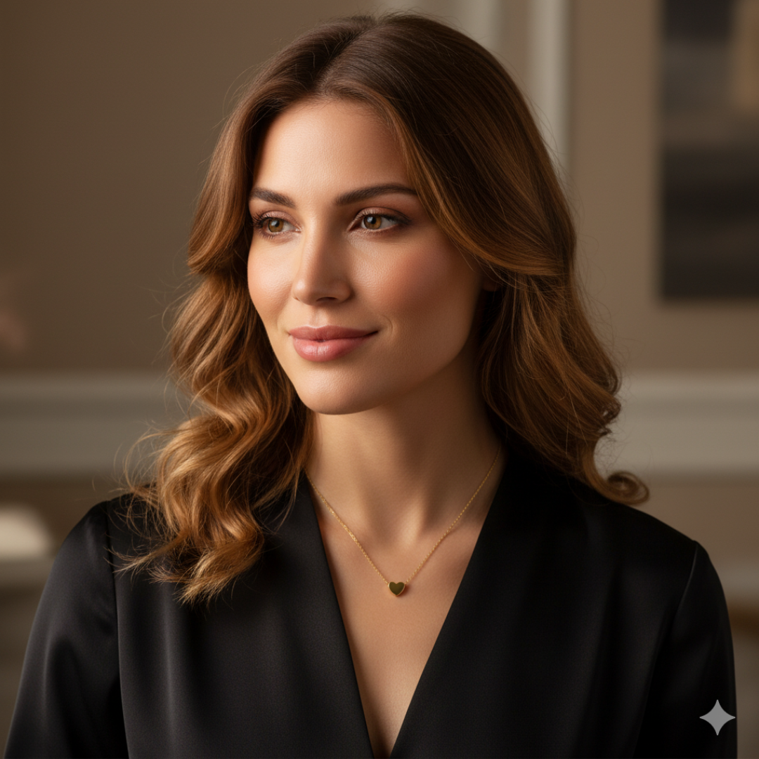 Woman wearing a black top with a blurred background