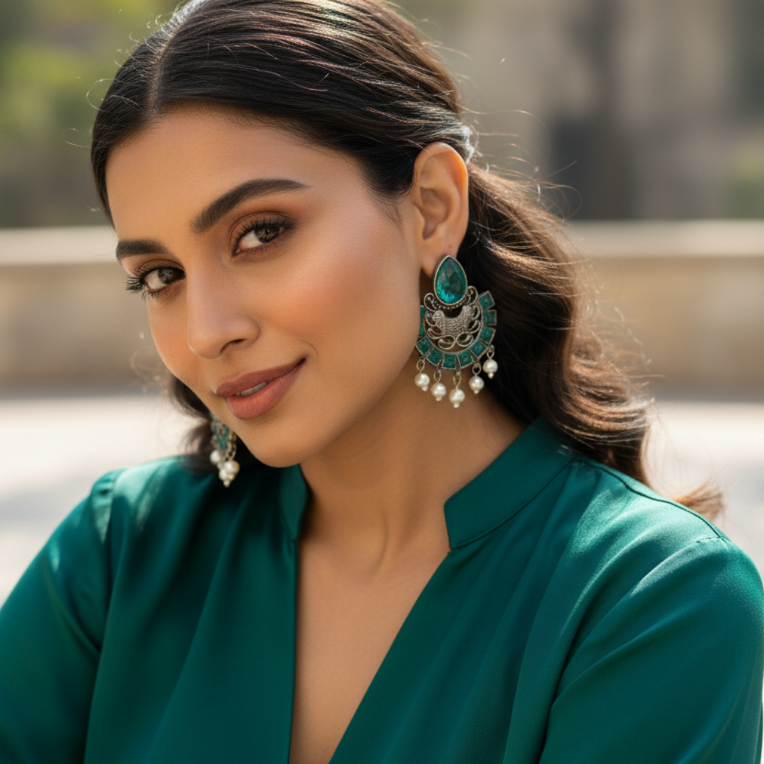 Woman wearing green earrings and a green top with a blurred background