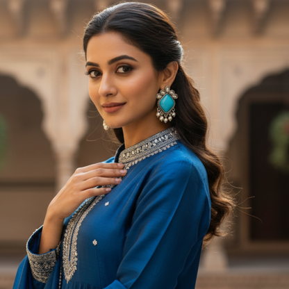 Woman in a blue traditional outfit with intricate designs and turquoise earrings.