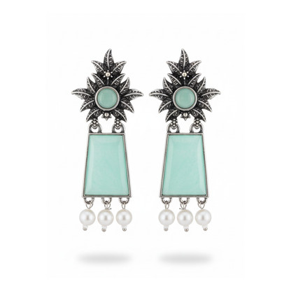 Mint Green Tribal Drop Earrings with Pearl Hangings